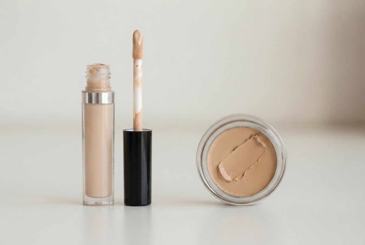 Ein flüssiger Concealer mit Applikator neben einer festen Camouflage-Creme im Pfännchen