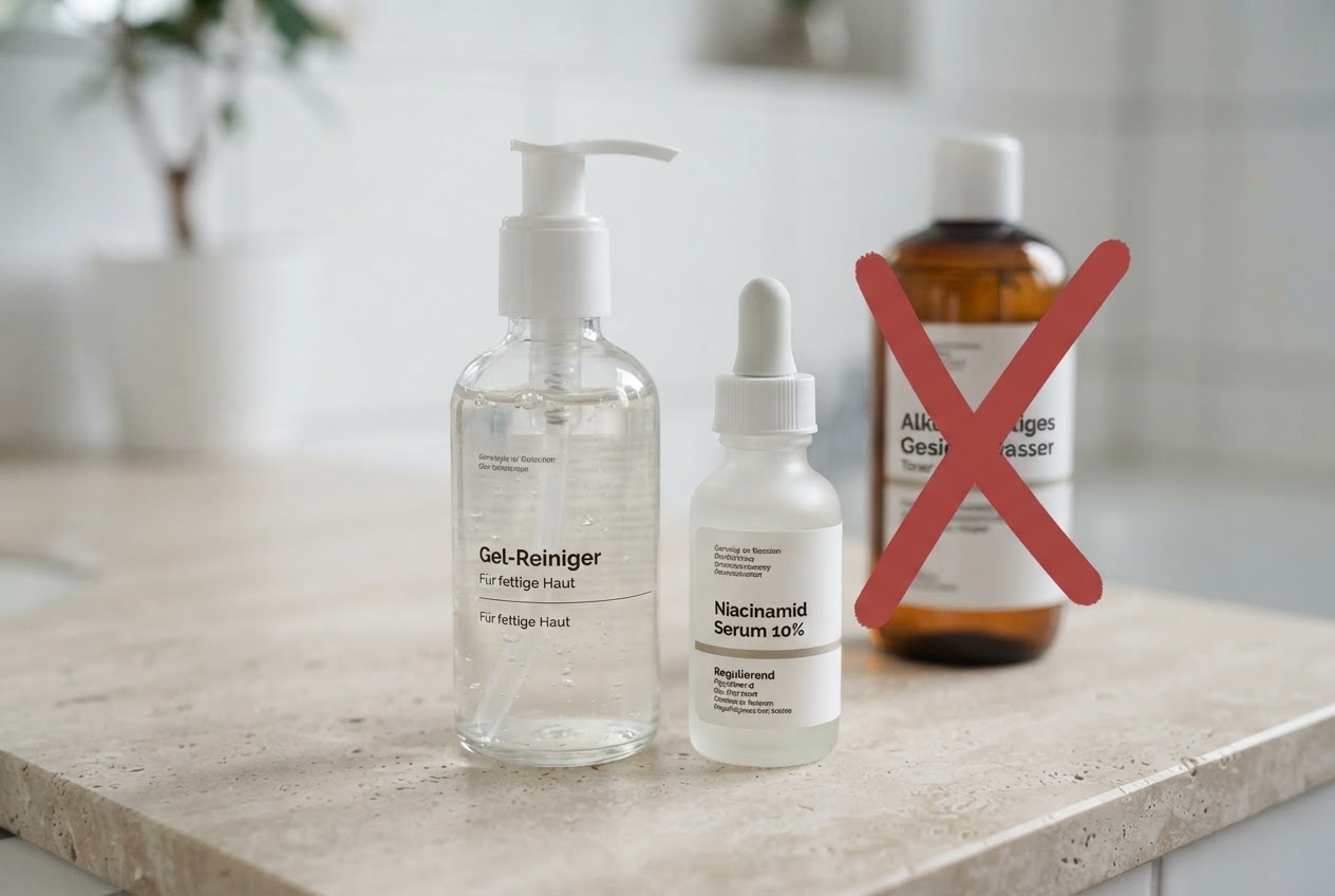 Ein Gel-Reinigungsmittel und ein Serum mit Niacinamid liegen neben einem alkoholhaltigen Tonikum, das durchgestrichen ist.