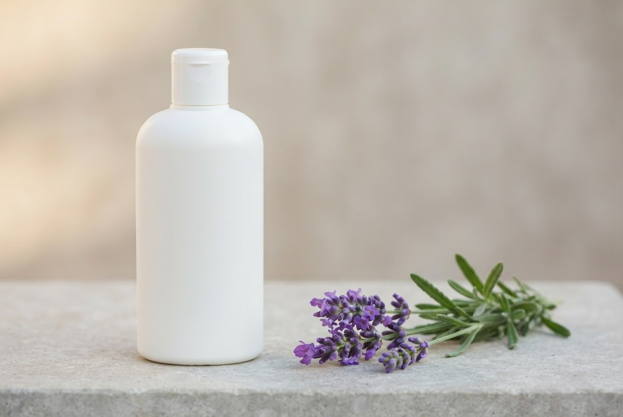 Ein Lavendelzweig liegt neben einer schlichten, unmarkierten Shampoo-Flasche.