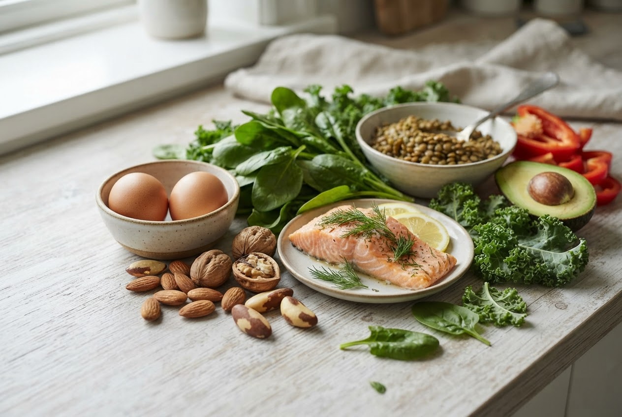 Eine Auswahl an Lebensmitteln für gesundes Haar: Eier, Nüsse, Fisch, grünes Gemüse.