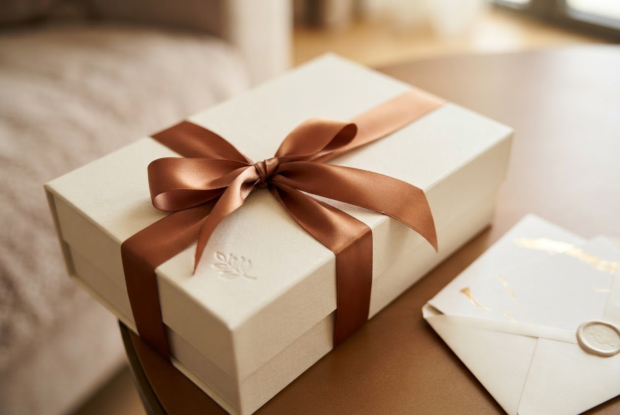 Geschenkbox mit einem Gutschein für die Schönheitsfarm, verziert mit Schleife