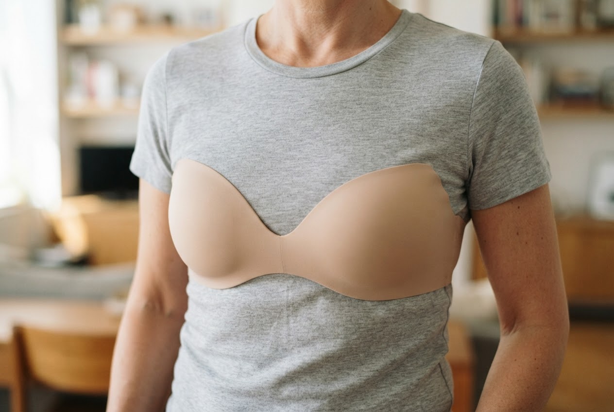 Person in einem schlichten T-Shirt, unter dem ein glatter ungebrandeter BH nur dezent sichtbar ist.