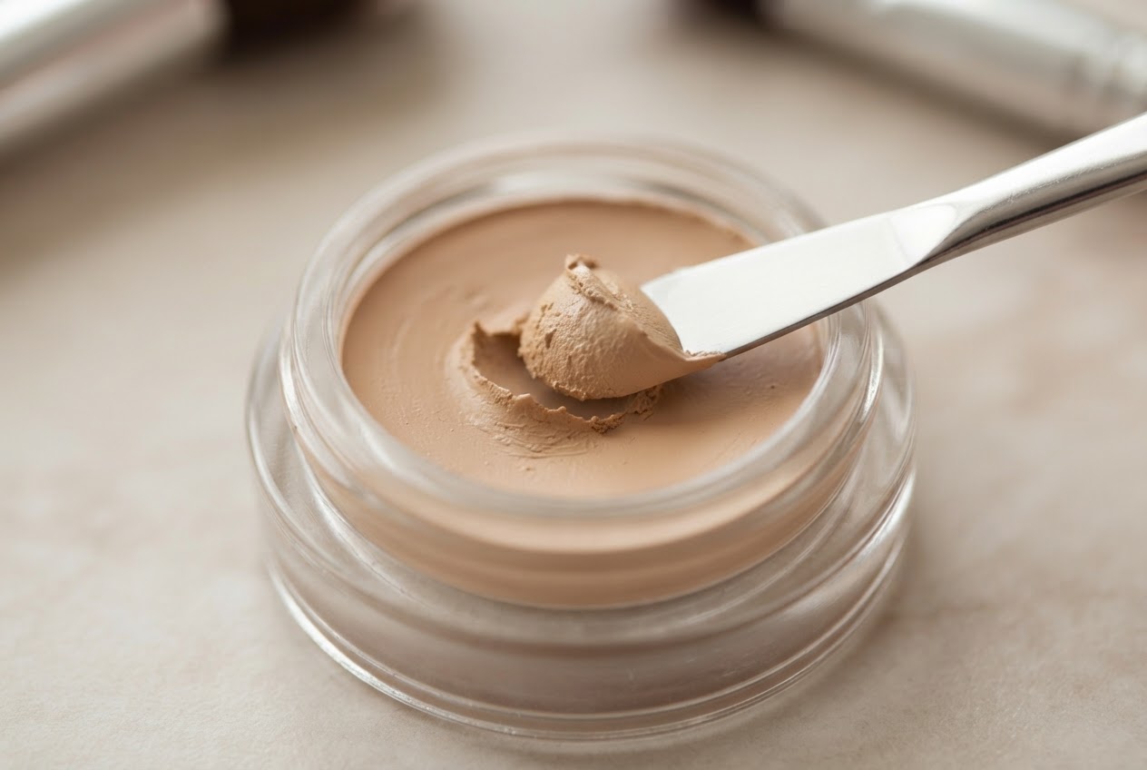 Makroaufnahme einer festen Camouflage-Creme im Pfännchen, ein Spatel nimmt eine kleine Menge Produkt auf
