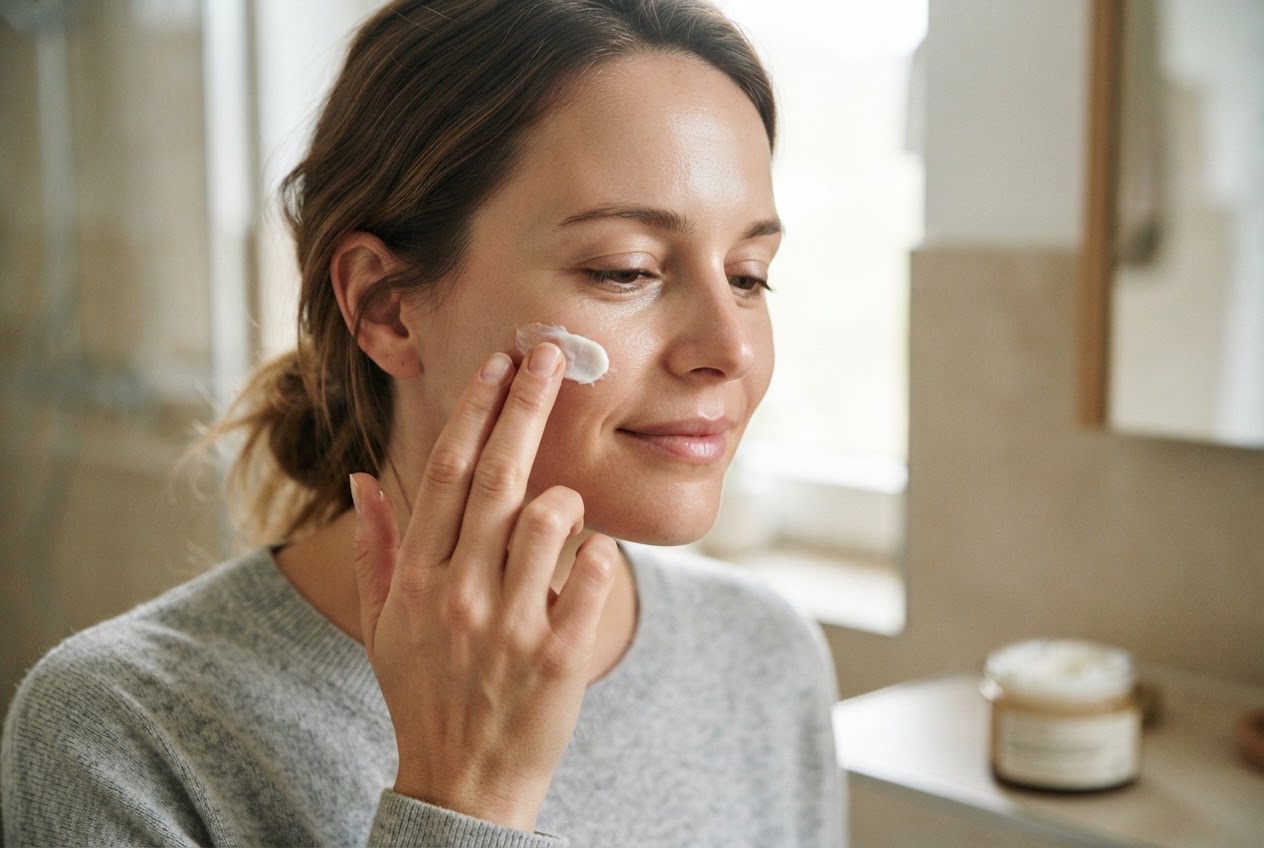 Eine Frau trägt mit dem Finger eine kleine Menge Creme auf ihre Wange auf.