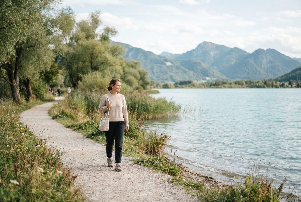 Gast der Schönheitsfarm spaziert am Ufer des Tegernsees entlang