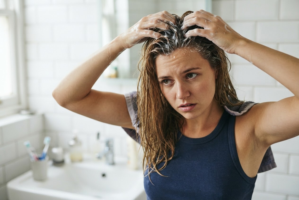Eine Frau trägt Conditioner auf ihren gesamten Haaransatz auf, was falsch ist.