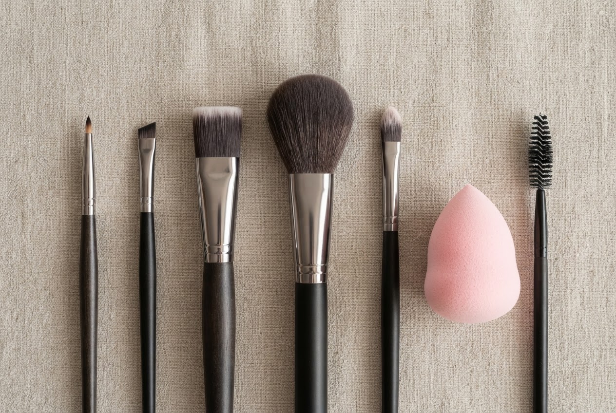 Flachaufnahme von Make-up-Werkzeugen: Lippenpinsel, abgeschrägter Eyeliner-Pinsel, Foundation-Pinsel, Puderpinsel und Wimpernbürste.