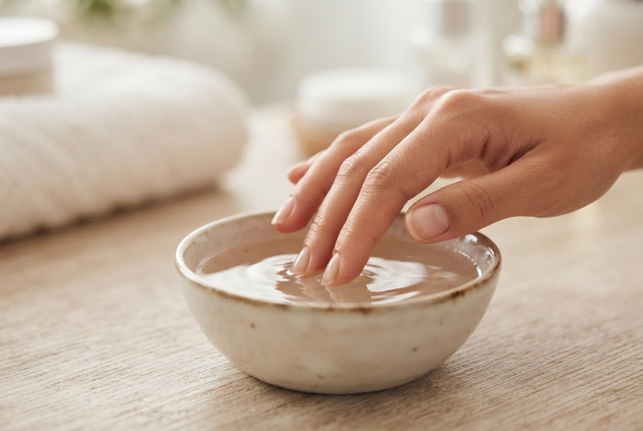 Ein Finger taucht in eine kleine Schale mit warmem Wasser, um die Nagelhaut aufzuweichen.