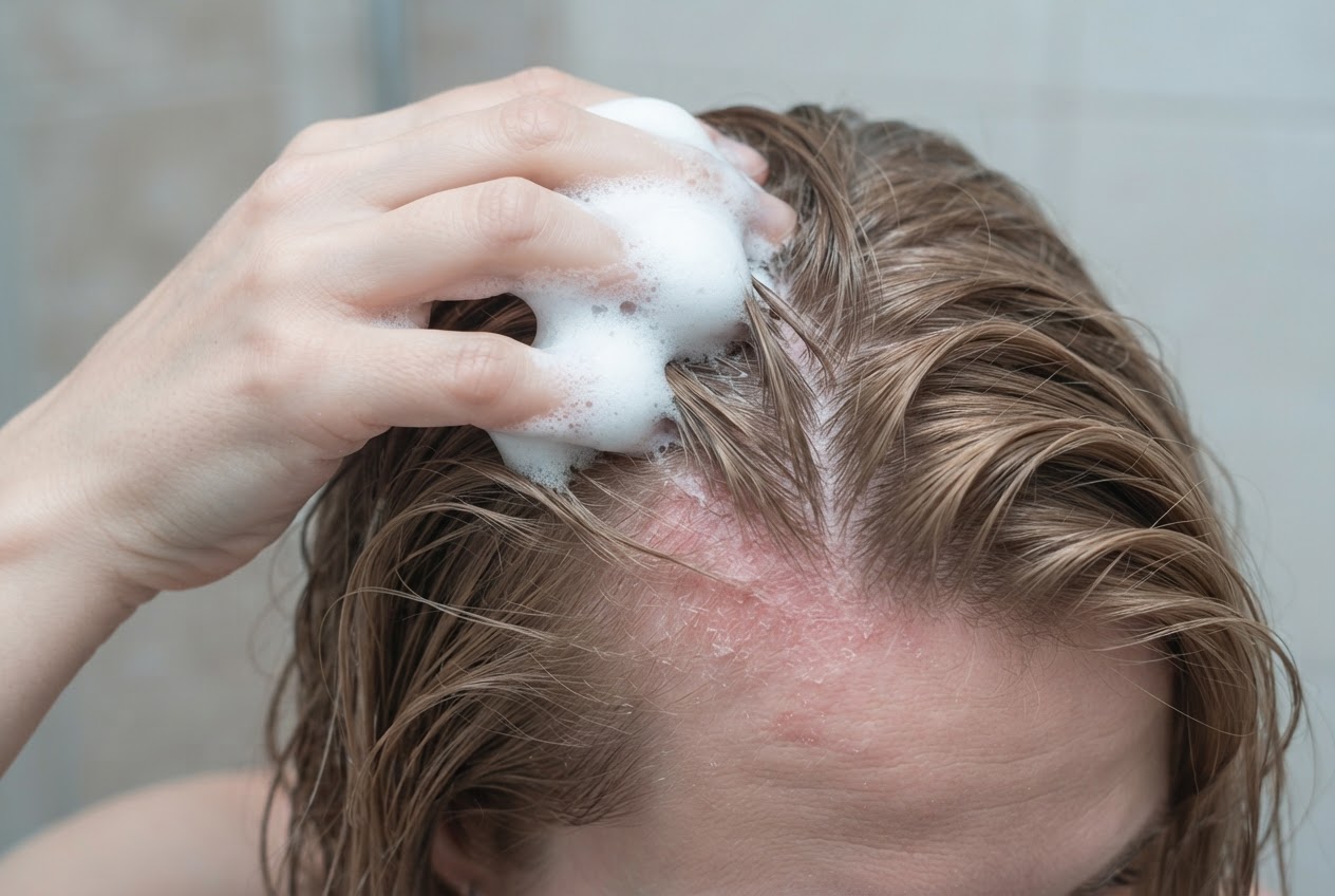 Fotografie einer Hand, die ein schäumendes Shampoo auf den feuchten Kopf gibt, während die Kopfhaut gerötet wirkt.