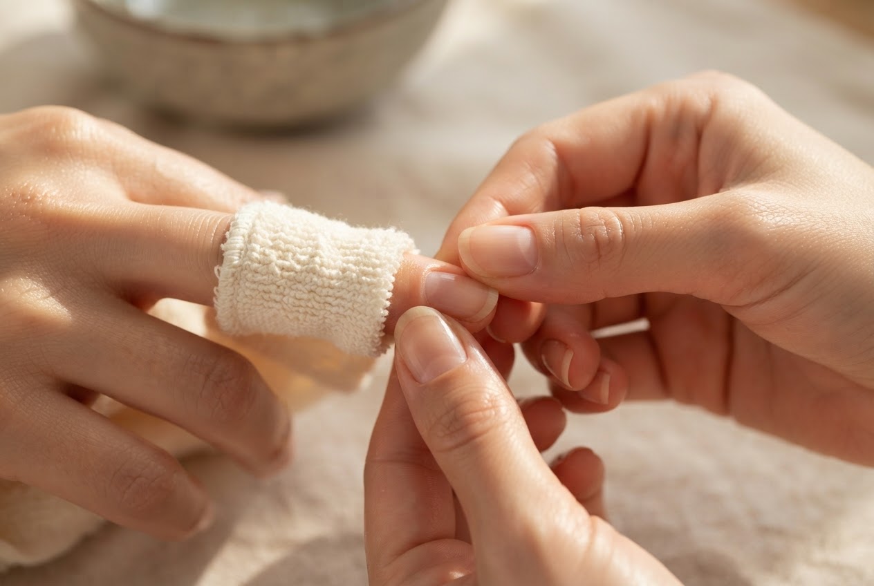 Ein Finger ist in ein weiches Tuch gewickelt, das die Nagelhaut in kreisenden Bewegungen zurückschiebt.