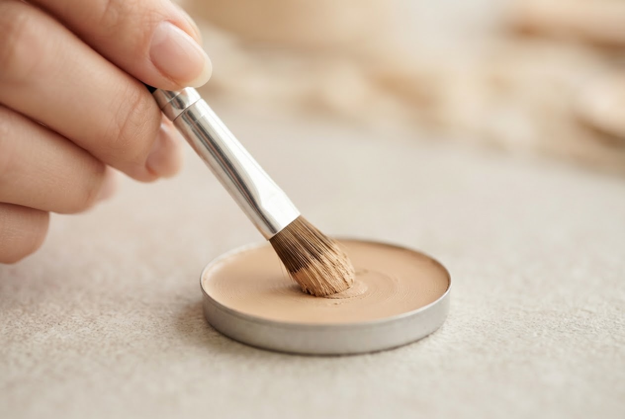 Eine Hand hält einen Make-up-Pinsel über ein offenes Pfännchen mit Camouflage-Creme