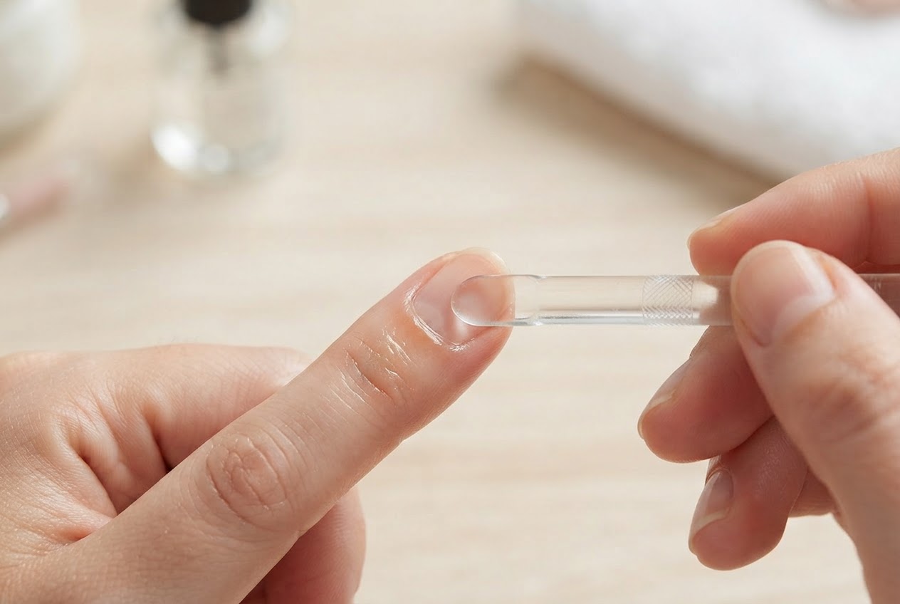 Eine Hand schiebt mit einem Glasnagelhautschieber die Nagelhaut sanft zurück.