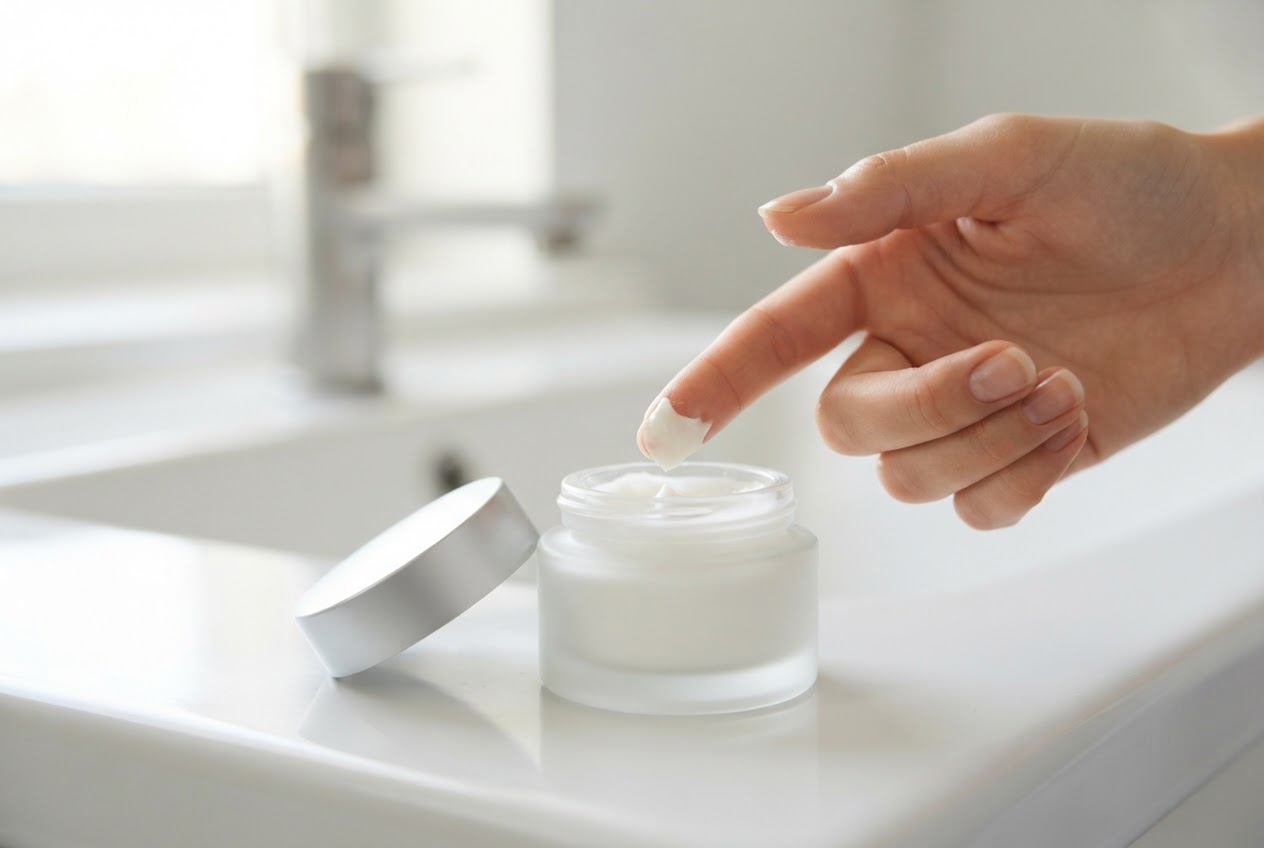 Eine Hand drückt etwas Creme aus einem Tiegel auf die Fingerkuppe, um die Konsistenz zu prüfen.