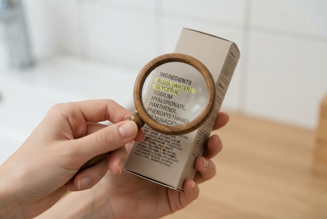 Eine Person hält eine Kosmetikverpackung und liest mit einer Lupe die Inhaltsstoffliste, die ersten Einträge sind hervorgehoben.