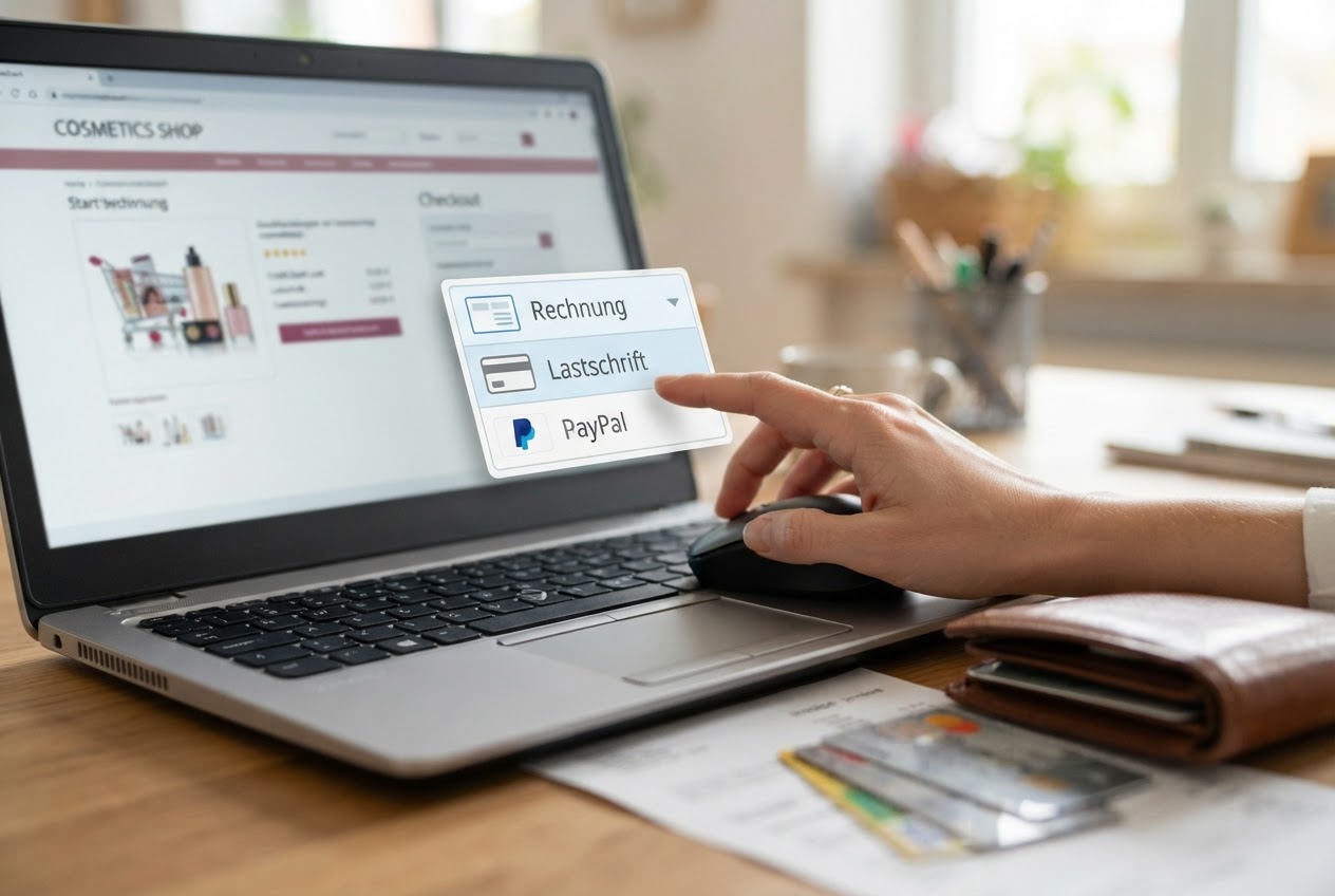 Eine Person wählt an der Kasse eines Online-Shops zwischen Zahlungsoptionen wie Rechnung, Lastschrift und PayPal.