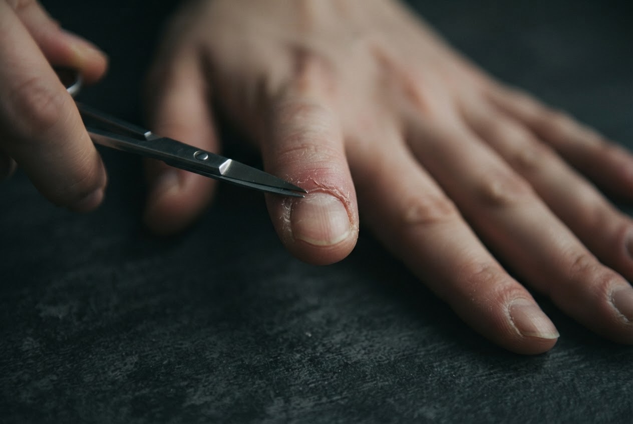 Hand, die eine Nagelschere an die Nagelhaut hält, während die Nagelhaut gerötet und rissig aussieht.