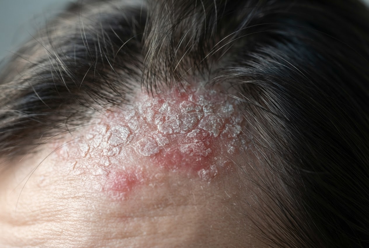 Nahaufnahme einer Kopfhaut mit silbrig-weißen Schuppen und deutlich sichtbaren roten, erhabenen Flecken, charakteristisch für Psoriasis.
