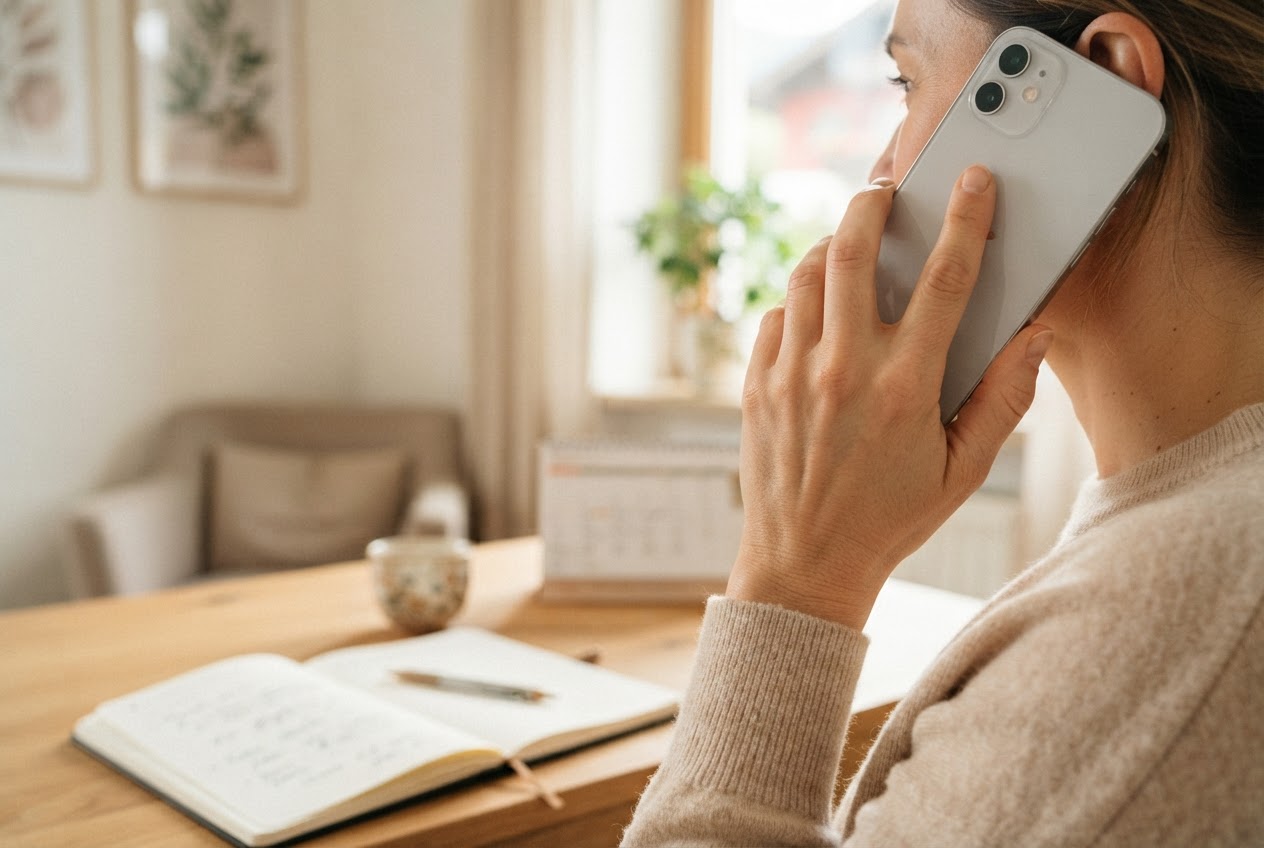 Person telefoniert mit der Schönheitsfarm, um ein individuelles Angebot zu erfragen