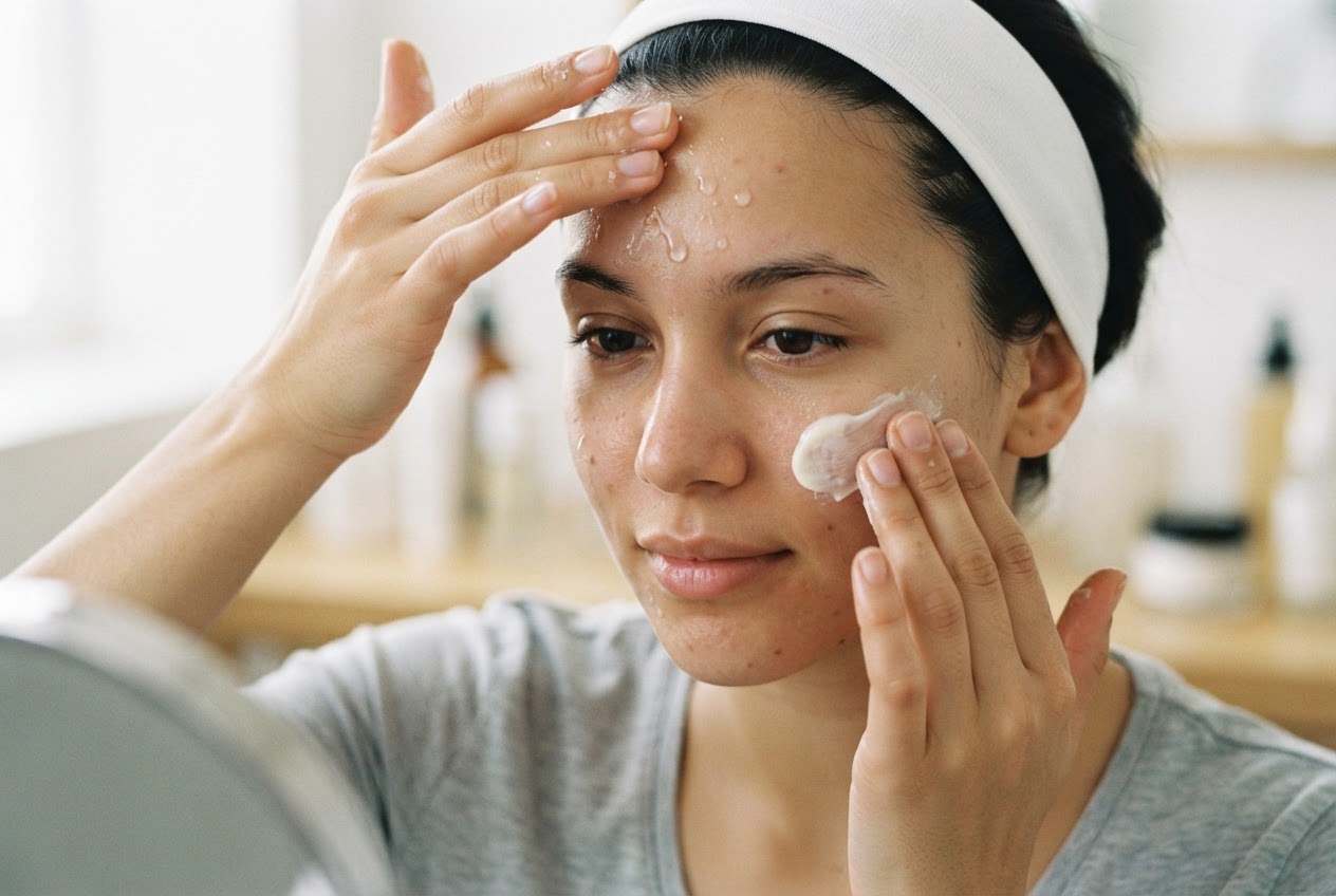 Eine Person trägt mit den Fingerspitzen ein leichtes Serum auf die Stirn und eine reichhaltigere Creme auf die Wangen auf.