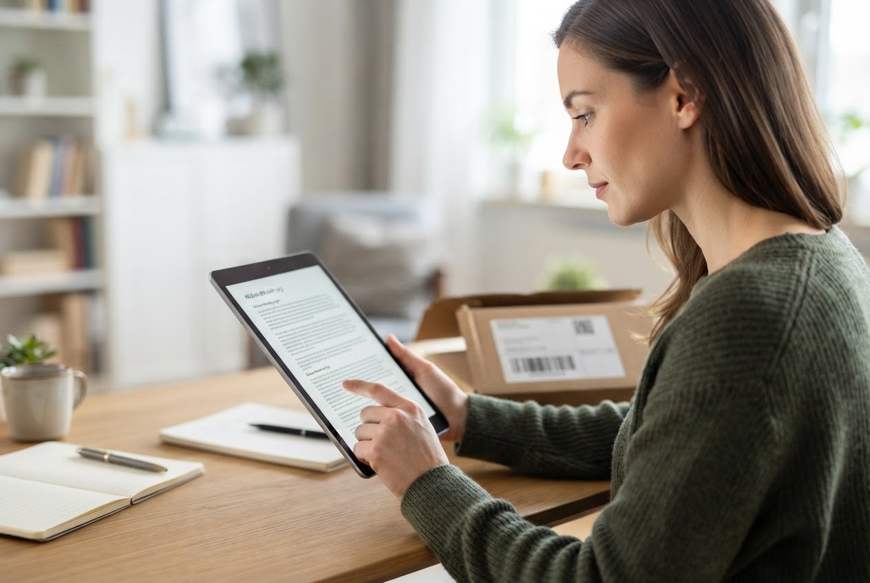 Eine Person liest auf einem Tablet die Allgemeinen Geschäftsbedingungen eines Online-Shops, daneben ein Paket mit Rücksendeetikett.