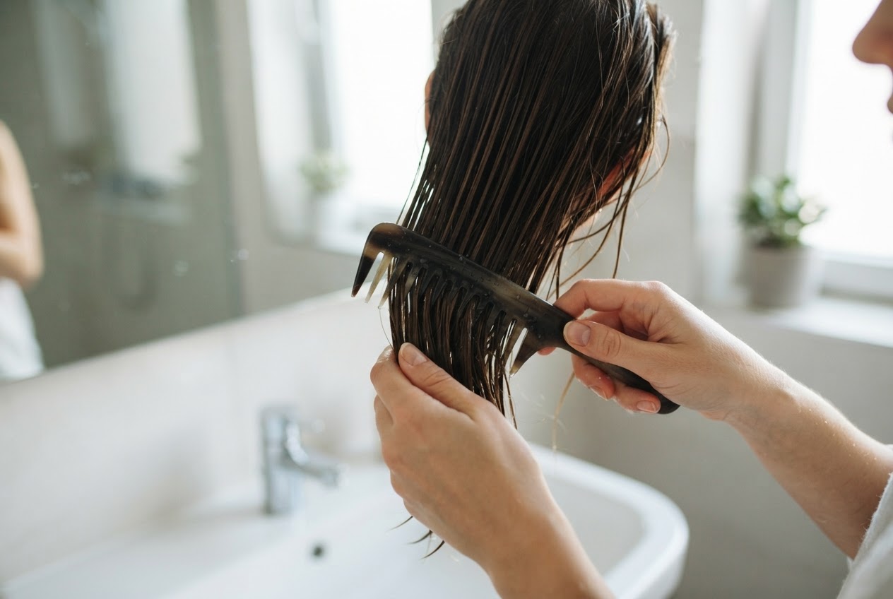Eine Person kämmt nasses Haar mit einem grobzinkigen Kamm.