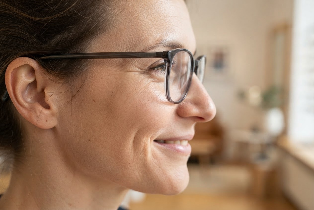 Seitliche Nahaufnahme einer Person mit höherer Brillenfassung; die Gläser reichen über die Wangen, ohne auf ihnen aufzuliegen.