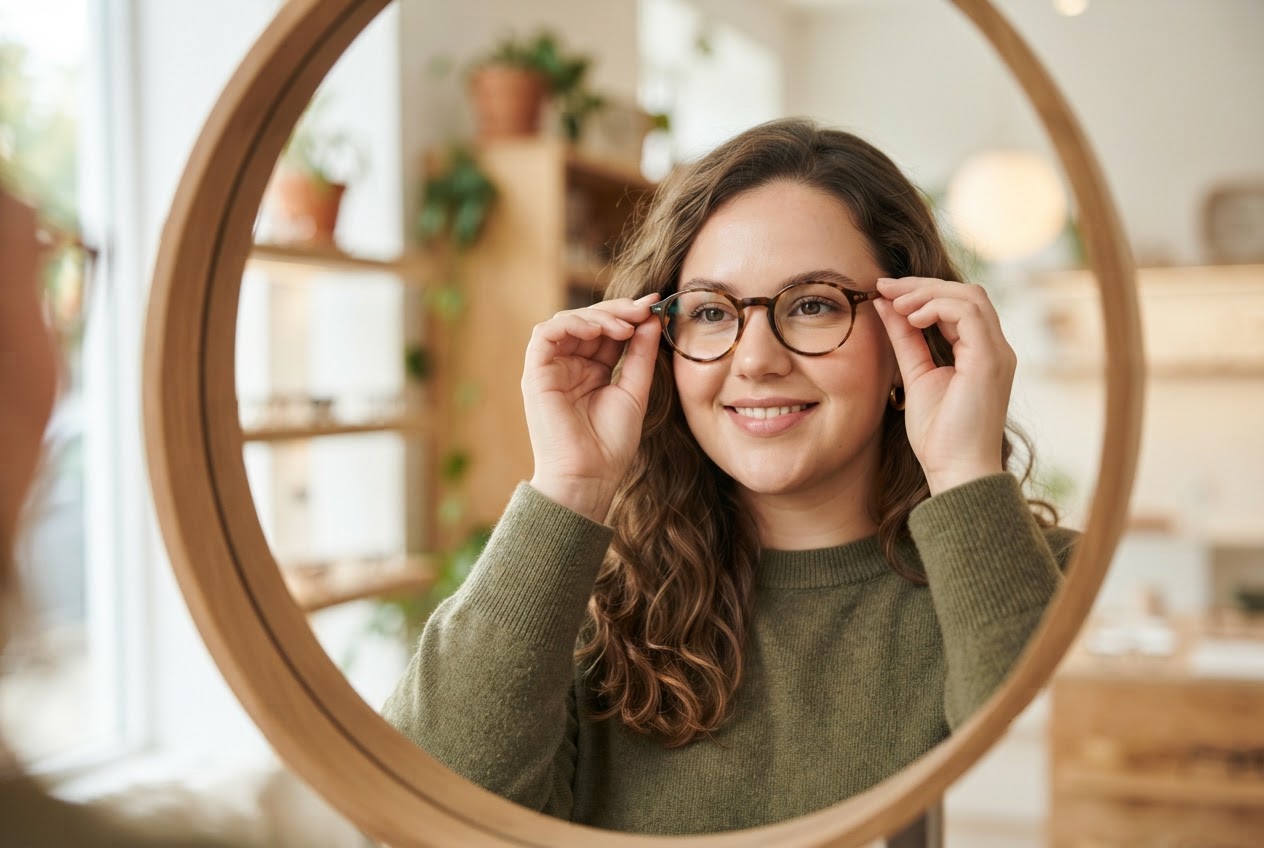 Person mit rundem Gesicht probiert eine runde Brille an und betrachtet sich selbstbewusst im Spiegel.