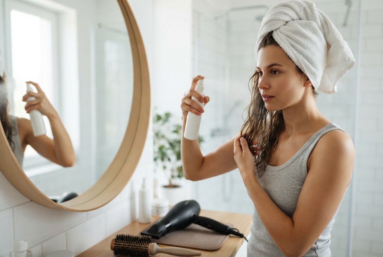 Eine Person sprüht Hitzeschutzspray auf ihr handtuchtrockenes Haar.