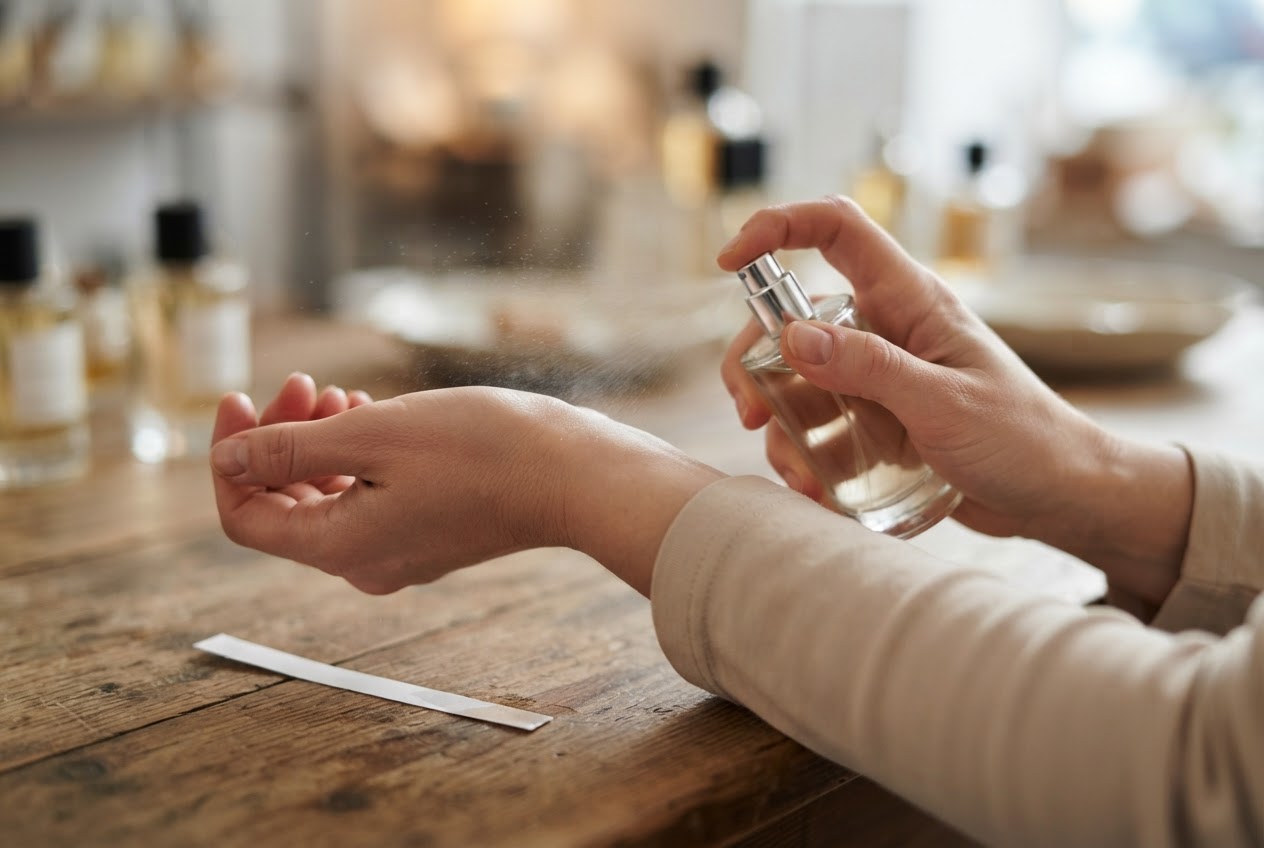 Eine Person sprüht einen Duft auf das Handgelenk und hält einen Teststreifen in der anderen Hand.