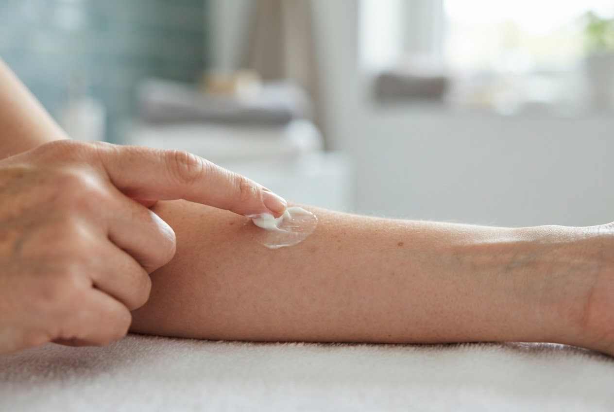 Eine Hand trägt eine kleine Menge Creme auf die Innenseite des Unterarms auf, um einen Patch-Test durchzuführen.