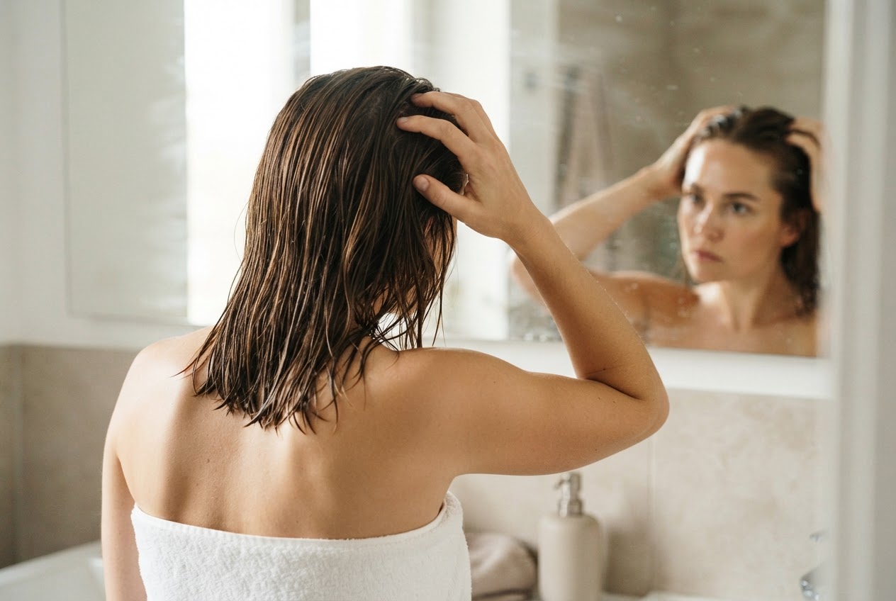 Eine Person im Badezimmer berührt prüfend ihre Kopfhaut mit den Fingerspitzen, während sie das Shampoogefühl nach dem Waschen bewertet.