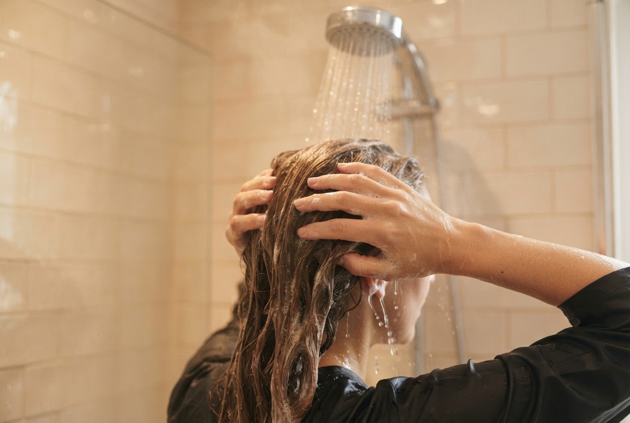 Hände waschen die Haare unter lauwarmem Wasser in einer Dusche.