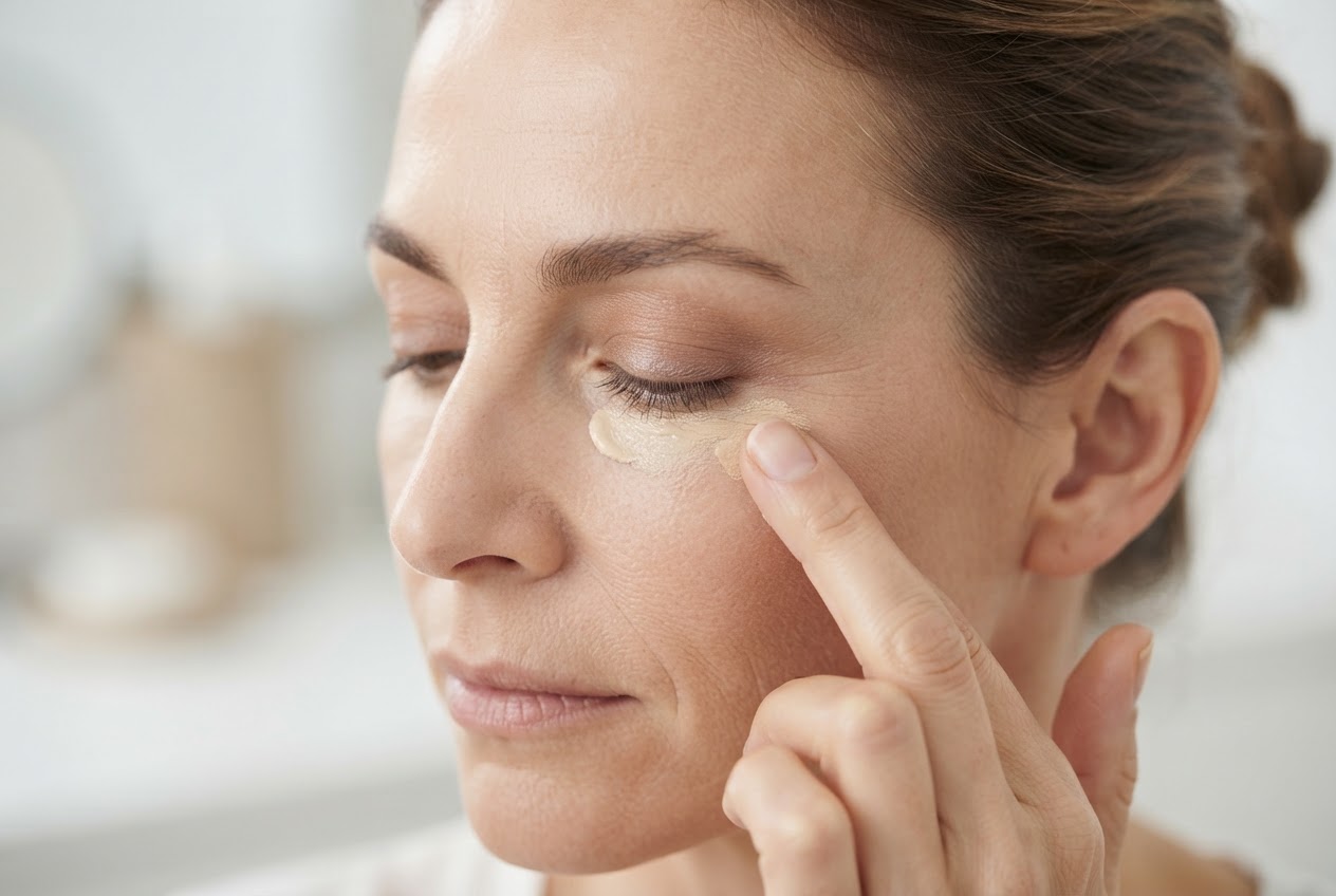 Frau klopft mit ihrem Ringfinger Concealer unter dem Auge ein.
