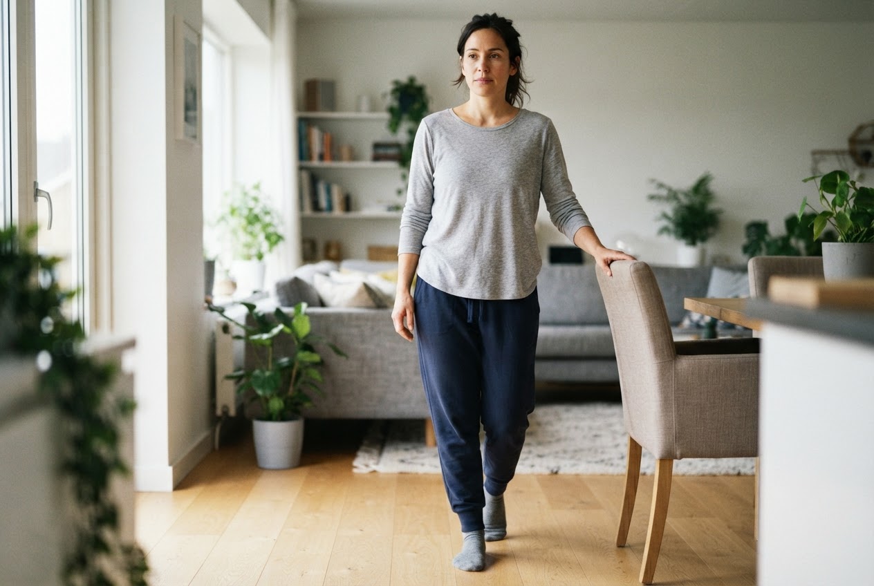 Erwachsene Person geht langsam und vorsichtig durch einen hellen Wohnraum.