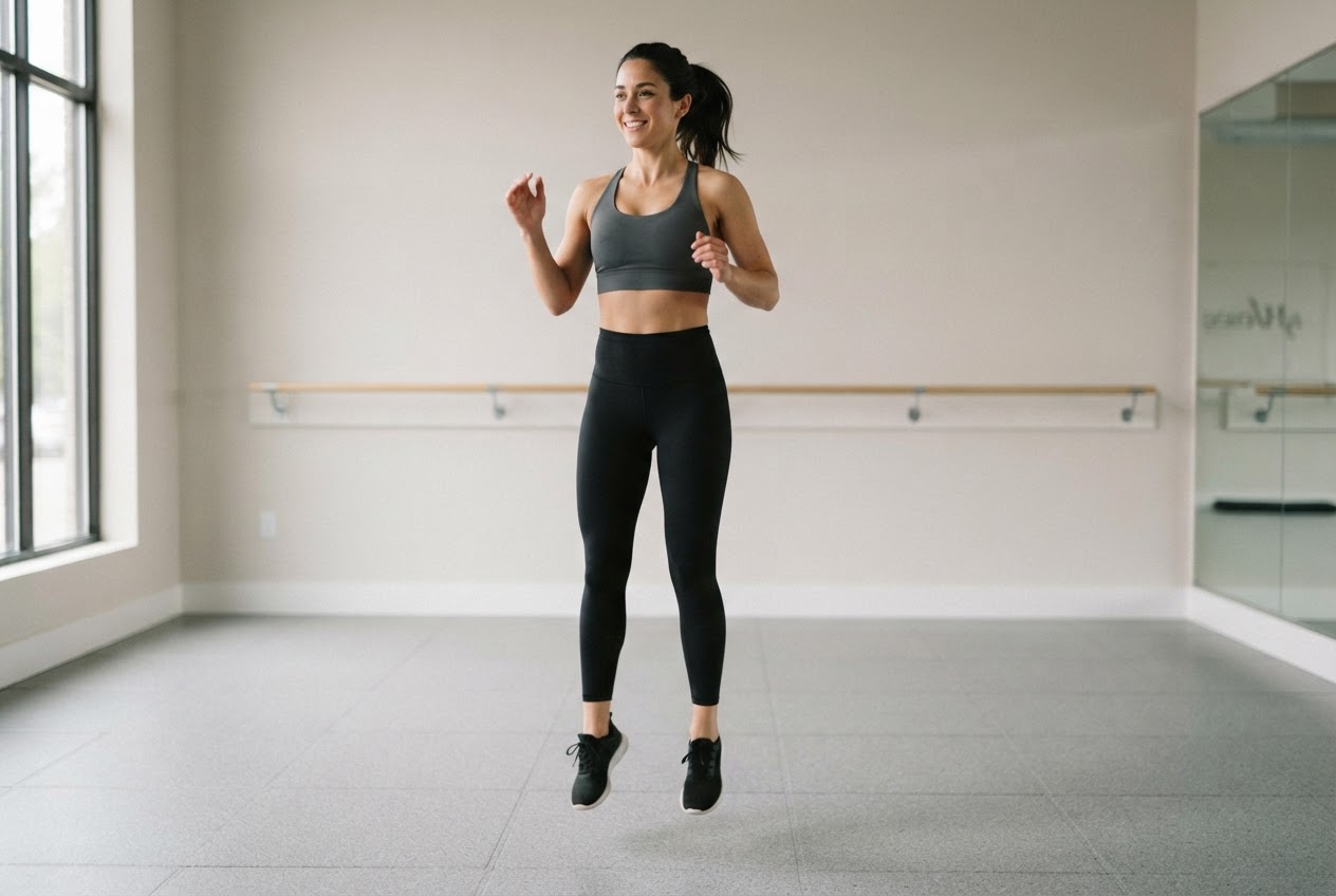 Eine erwachsene Person macht in einem schlichten Sport-BH einen kleinen Sprung; die Aufnahme zeigt die Bewegung in einer neutralen Trainingsumgebung.