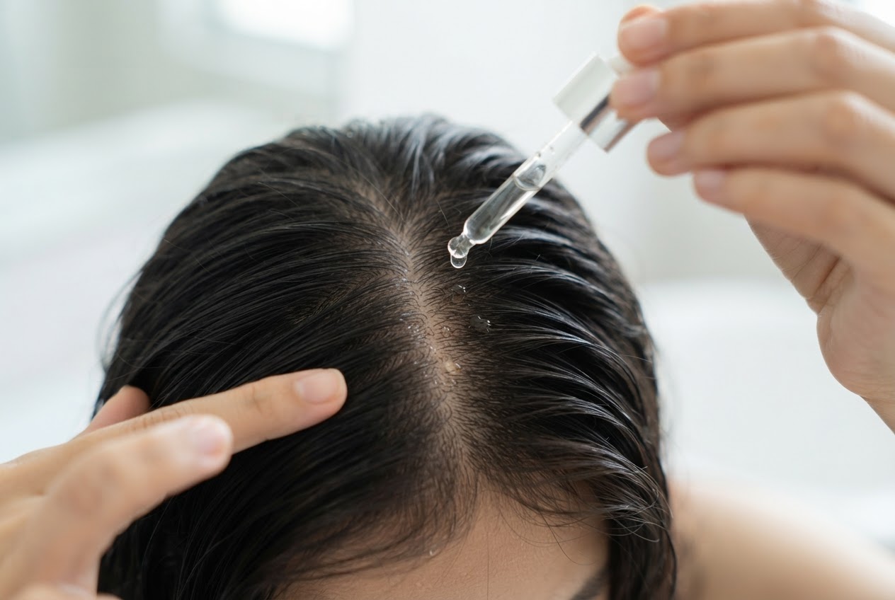 A person parting their hair and using a dropper bottle to apply a few drops of clear essence onto their scalp.