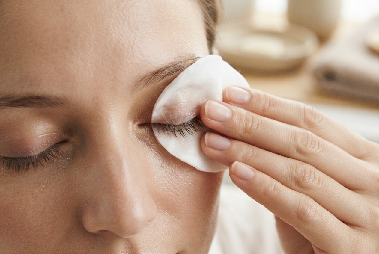 A cotton pad soaked in makeup remover pressed gently on a closed eye