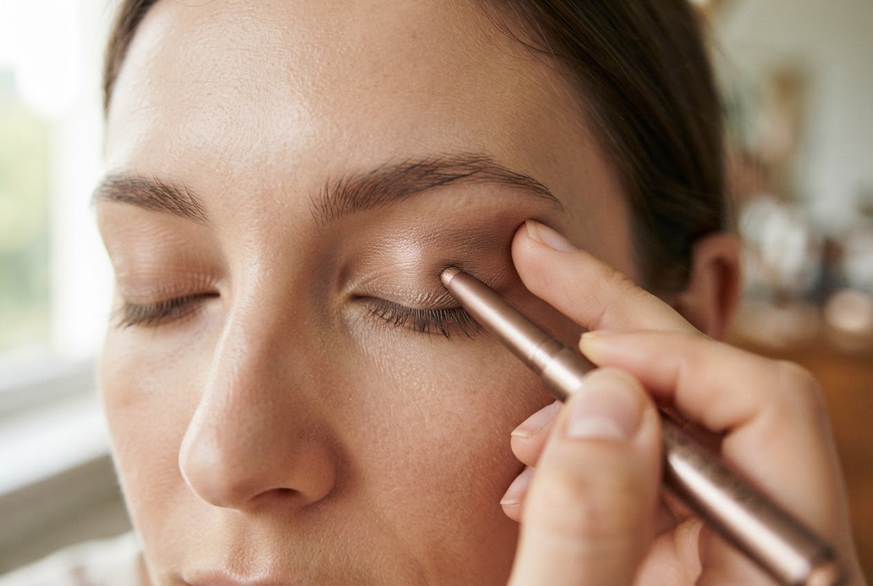 A person drawing a stroke of eyeshadow directly on a closed eyelid with a stick pen, blending with a finger.