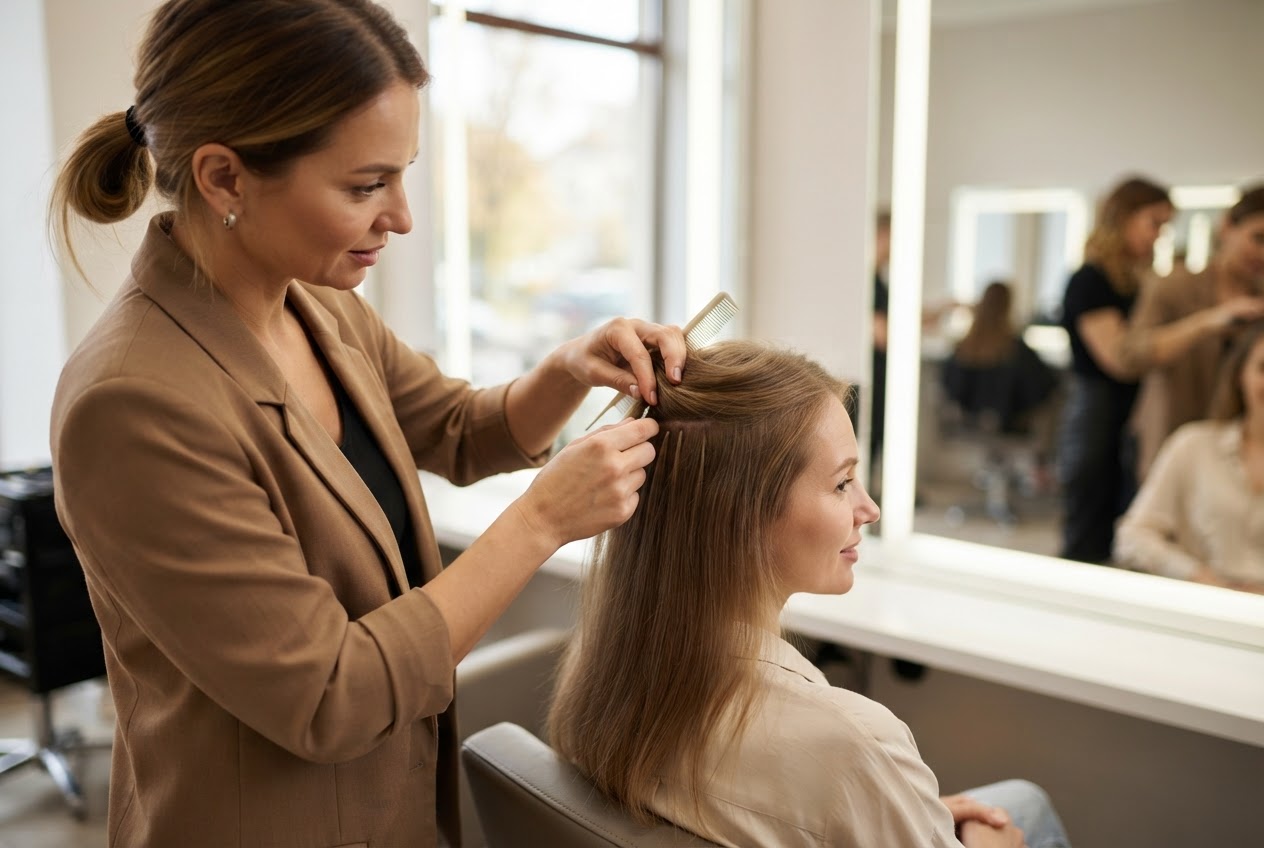 Eine Friseurin prüft vorsichtig eine Extensions-Verbindung, während die Kundin vor dem Spiegel sitzt.