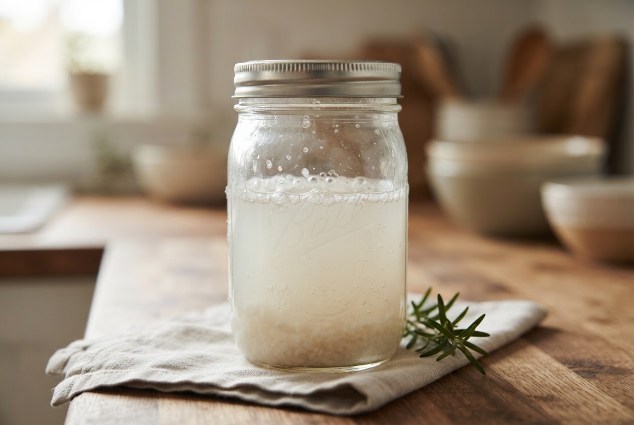 A glass jar filled with cloudy rice water with small bubbles at the top, lid closed, placed on a kitchen counter with a cloth underneath.