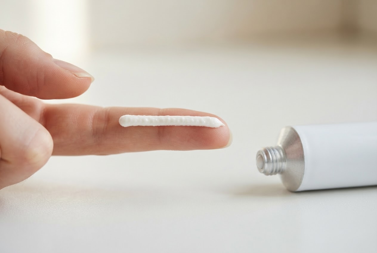 Ein Finger, auf dem ein etwa 2,5 Zentimeter langer Strang weißer Creme aus einer Tube aufgetragen ist