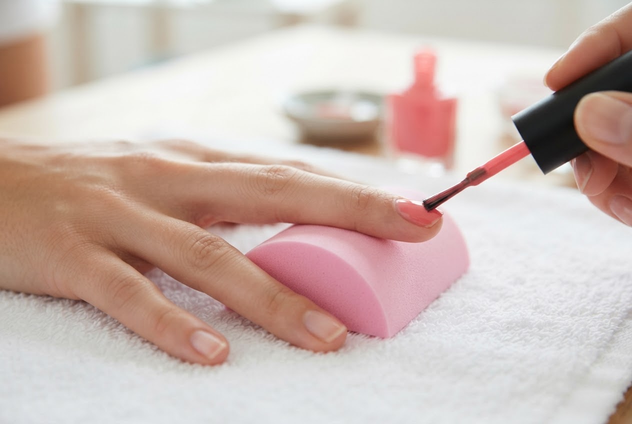 Ein Finger liegt auf einem kleinen Schaumstoffkissen, die übrigen Finger sind gespreizt, ein Pinsel lackiert den erhöhten Finger.