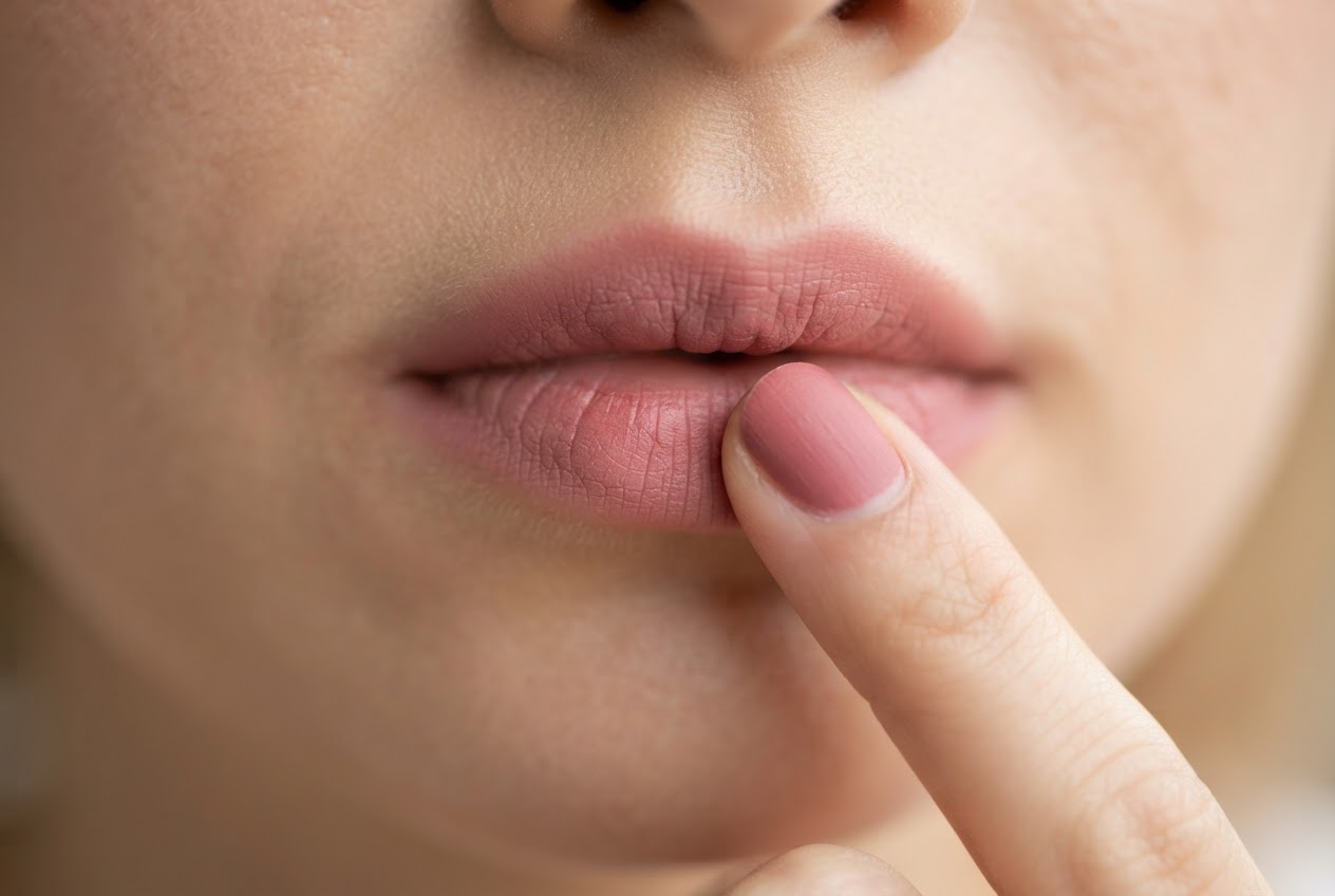 Eine Hand tupft Lippenstift mit dem Finger auf die Lippen, die Farbe ist sanft verschwommen.