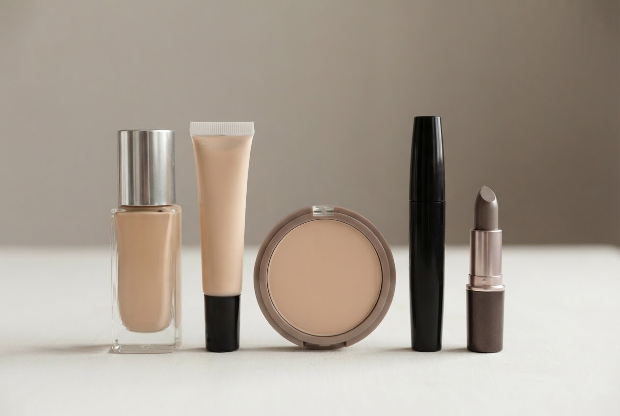 A small group of five makeup products: foundation, concealer, powder, mascara, and a natural lipstick, arranged together.