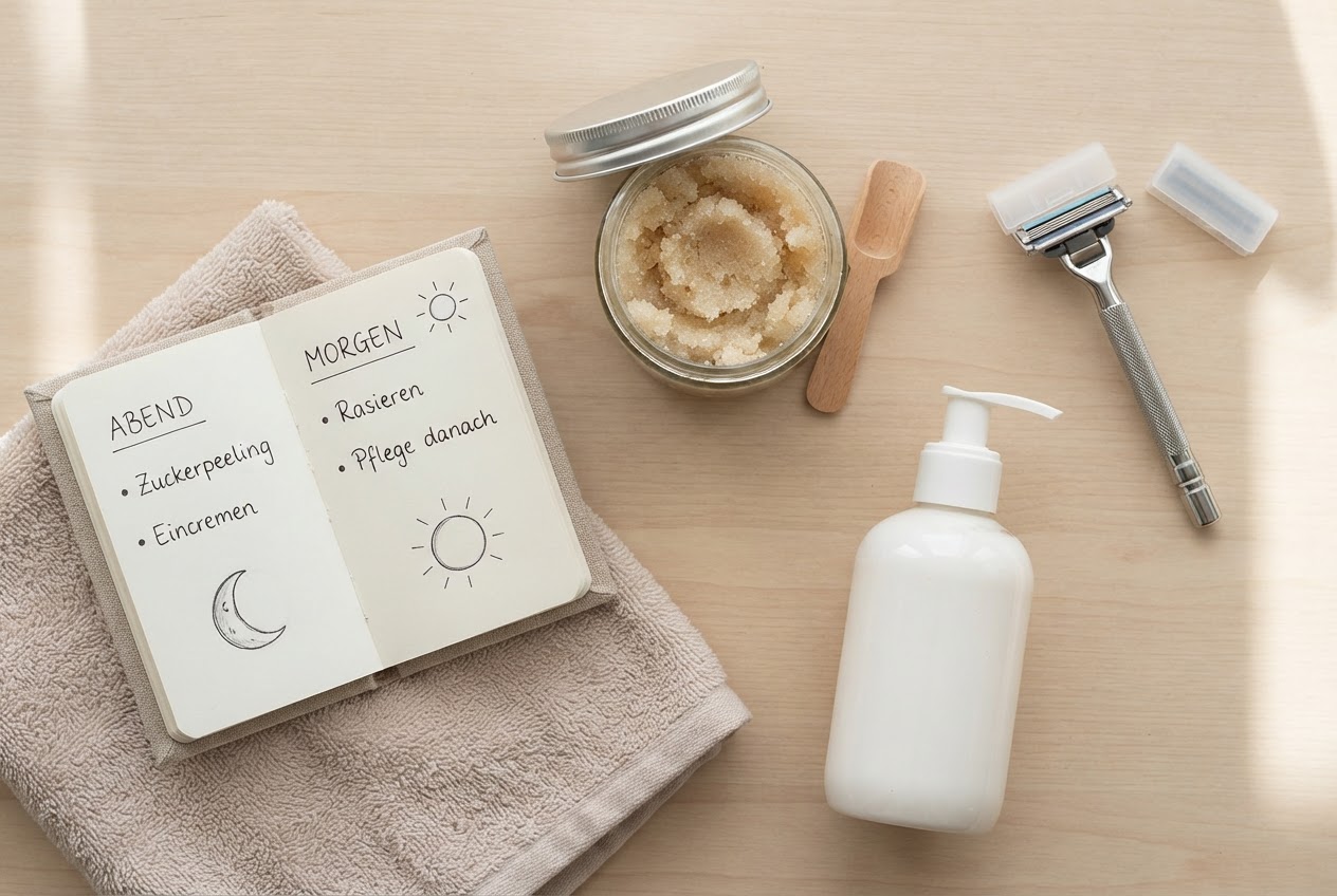 A flat lay of a sugar scrub, a razor, a moisturizer, and a small calendar showing evening and morning steps.
