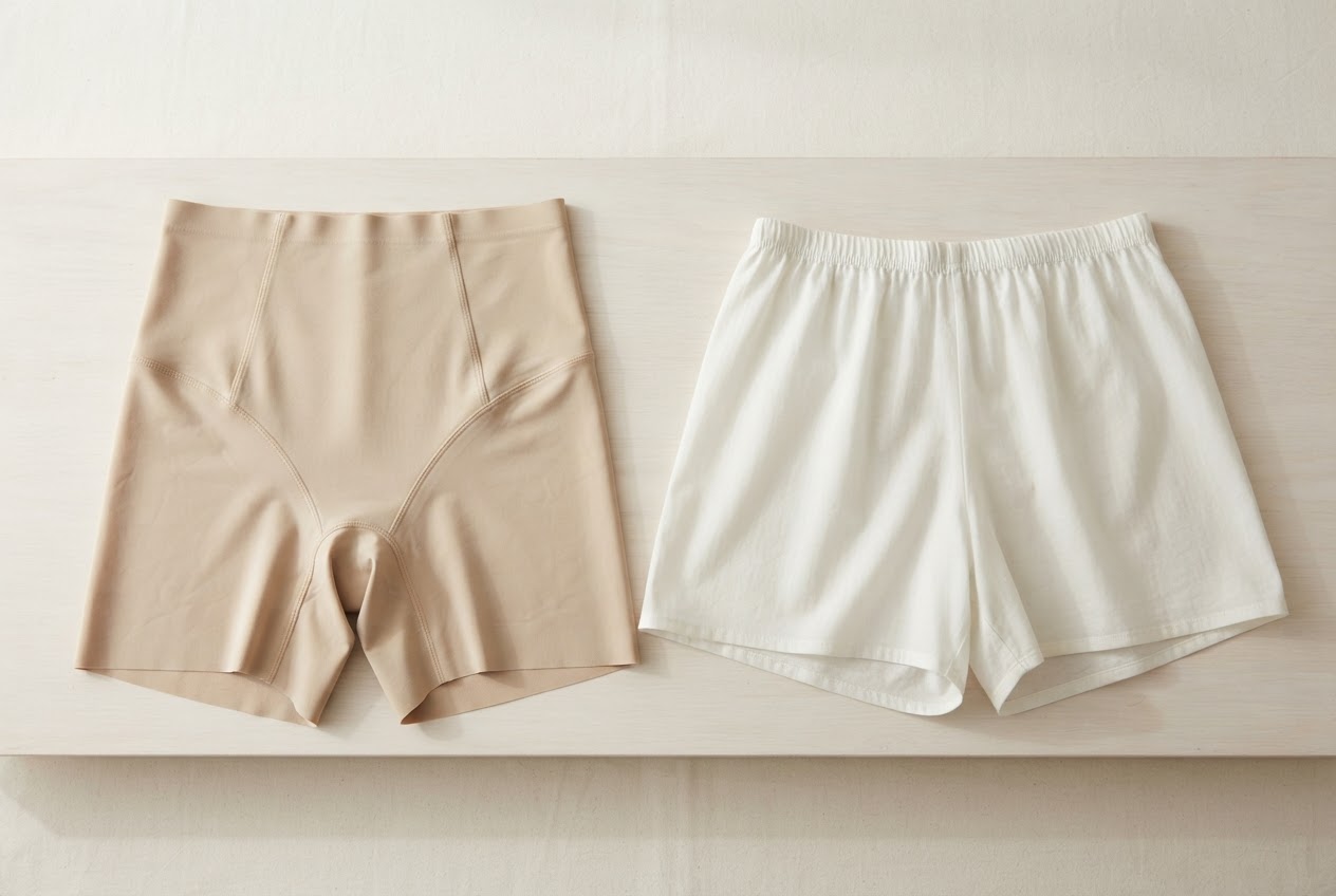 Zwei unmarkierte Shorts liegen nebeneinander: eine formende Variante und eine leichte, locker sitzende Unterziehshorts.