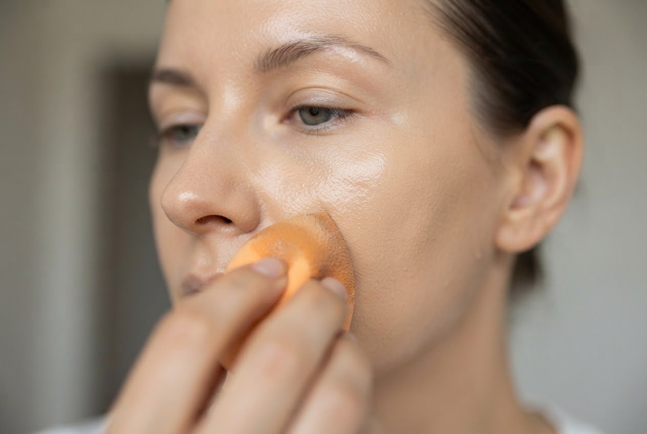 Close-up of a hand with a damp sponge applying foundation on a woman's cheek, blending from the center toward the jaw.