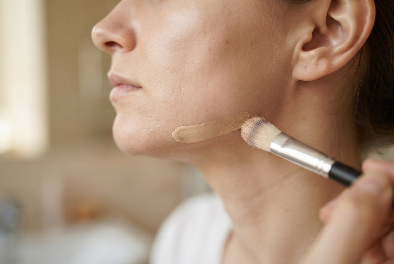 A hand applying a small amount of liquid foundation with a brush along a woman's jawline near the cheek.