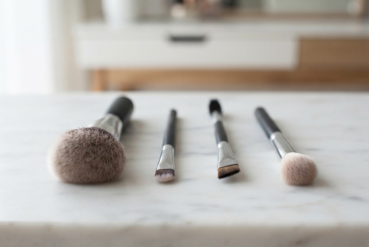Four makeup brushes arranged: a large powder brush, a small concealer brush, an angled brow brush, and a soft eyeshadow blender.