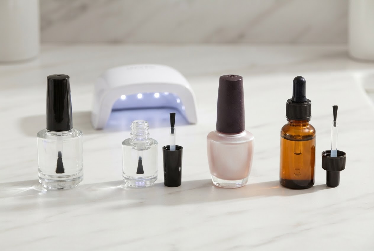 A flat lay of four nail care products: a classic top coat bottle, a UV gel polish set with lamp, a nail hardener, and a bottle of nail oil.
